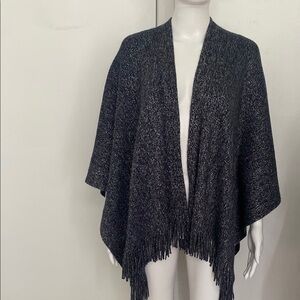 Chic Navy Blue Metallic Knit Fringe Poncho